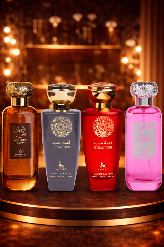 SET 4 PARFUMURI ARABESTI-Mousuff Blue, Qissat Red, Qissat Grey, Mousuff Pink(2xBARBATI,2xDAMA)