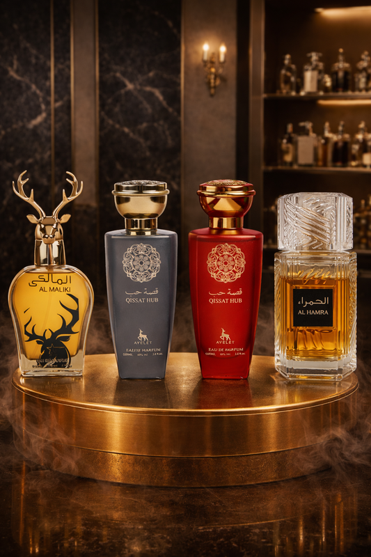 SET 4 PARFUMURI - AL HAMRA + QISSAH HUB RED + QISSAH HUB GREY + AL MALIKI (2xBARBATI,2xDAMA)