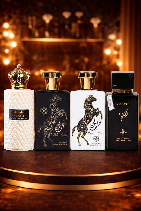 SET 4 PARFUMURI ARABESTI-Oud Romancia,Malik Al Arab,Malik Al Lail,Ayati black( 2X DAMA+2X BARBAT)