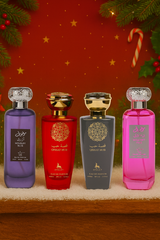SET 4 PARFUMURI ARABESTI-Mousuff Blue, Qissat Red, Qissat Grey, Mousuff Pink(2xBARBATI,2xDAMA)