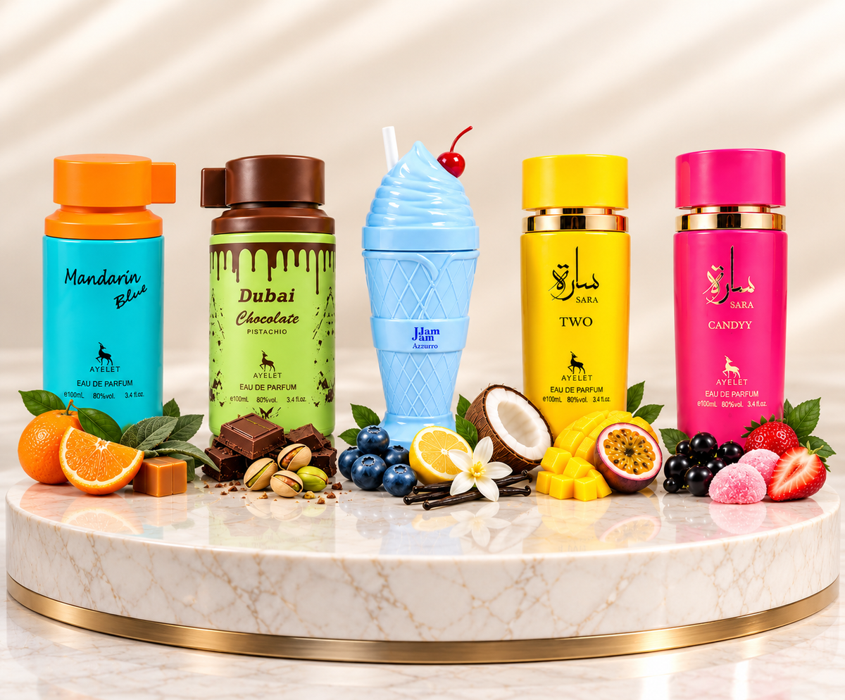 Set 5 Parfumuri - Dubai chocolate +Mandarin Blue+Jam jam azzuro+Sara two+Sara candy (3 de Barbati+2 de Dama)