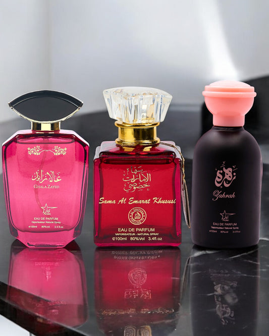 SET 3 PARFUMURI ARABESTI DAMA,  Ghala Zayed Pink+Sama Al Emarat Khususi+Zahrah (100ML)
