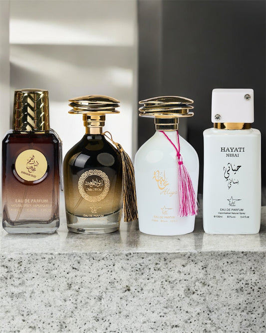 SET 4 PARFUMURI ARABESTI -Dirham oud+Ibda Al Oud+Hayati Nisai+Aliya( 2X DAMA + 2X BARBAT )