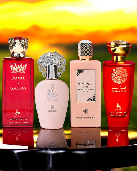 SET 4 PARFUMURI DAMA ARABESTI DAMA - (Royal De Galles, Sarah, Ameerat Al Sharq Wardi,  Qissat Hub) (100Ml)