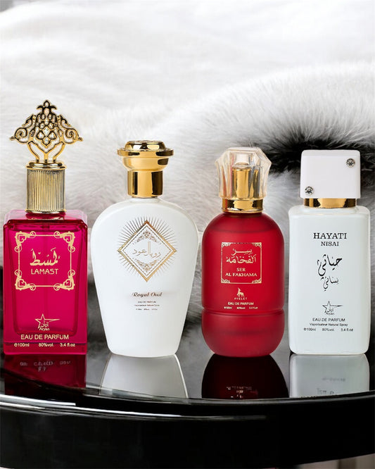 SET 4 PARFUMURI DAMA ARABESTI DAMA (Lamast + Royal oud + Ser Al Fakhama + Hayati Nisai)(100ML)