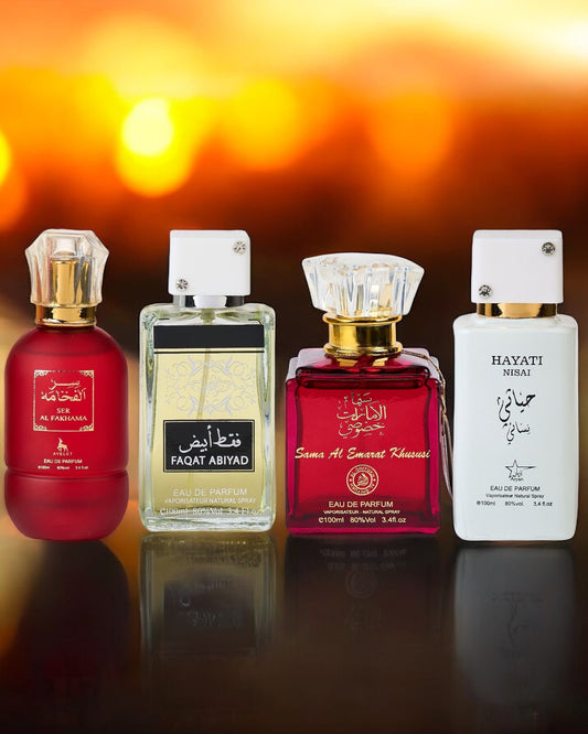 SET 4 PARFUMURI DAMA ARABESTI DAMA ,SER AL FAKHAMA, FAQAT ABIAD, SAMA AL EMARAT KHUSUSI, HAYATI NISAI 100 ML