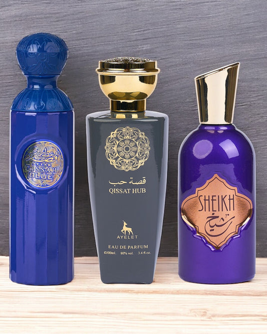 SET 3 PARFUMURI ARABESTI BARBATI - Attar Gissah Blue + Qissat Hub Grey +  Sheikh (100Ml)