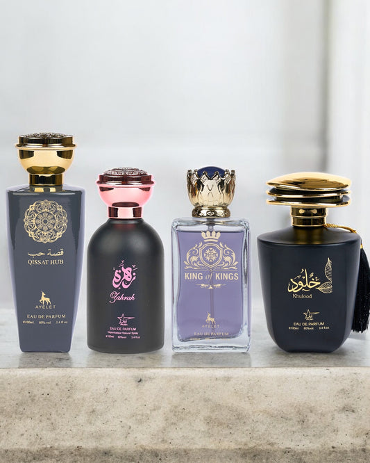 SET 4 PARFUMURI ARABESTI- Qissat Hub Grey, Zahrah, King Of Kings, Khulood  ( 2X DAMA + 2X BARBAT ) 100ML