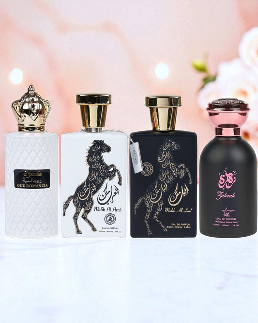 SET 4 PARFUMURI ARABESTI-Oud Romancia,Malik Al Arab,Malik Al Lail,Zahrah( 2X DAMA+2X BARBAT)