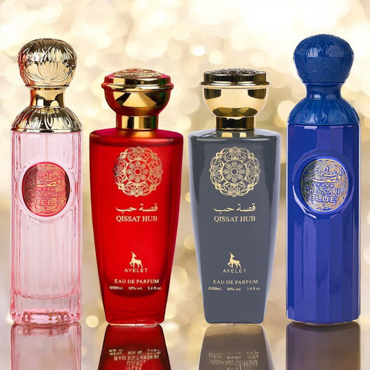 SET 4 PARFUMURI ARABESTI-Attar Pink, Qissat Red, Qissat Grey, Attar Blue(2xBARBATI,2xDAMA)